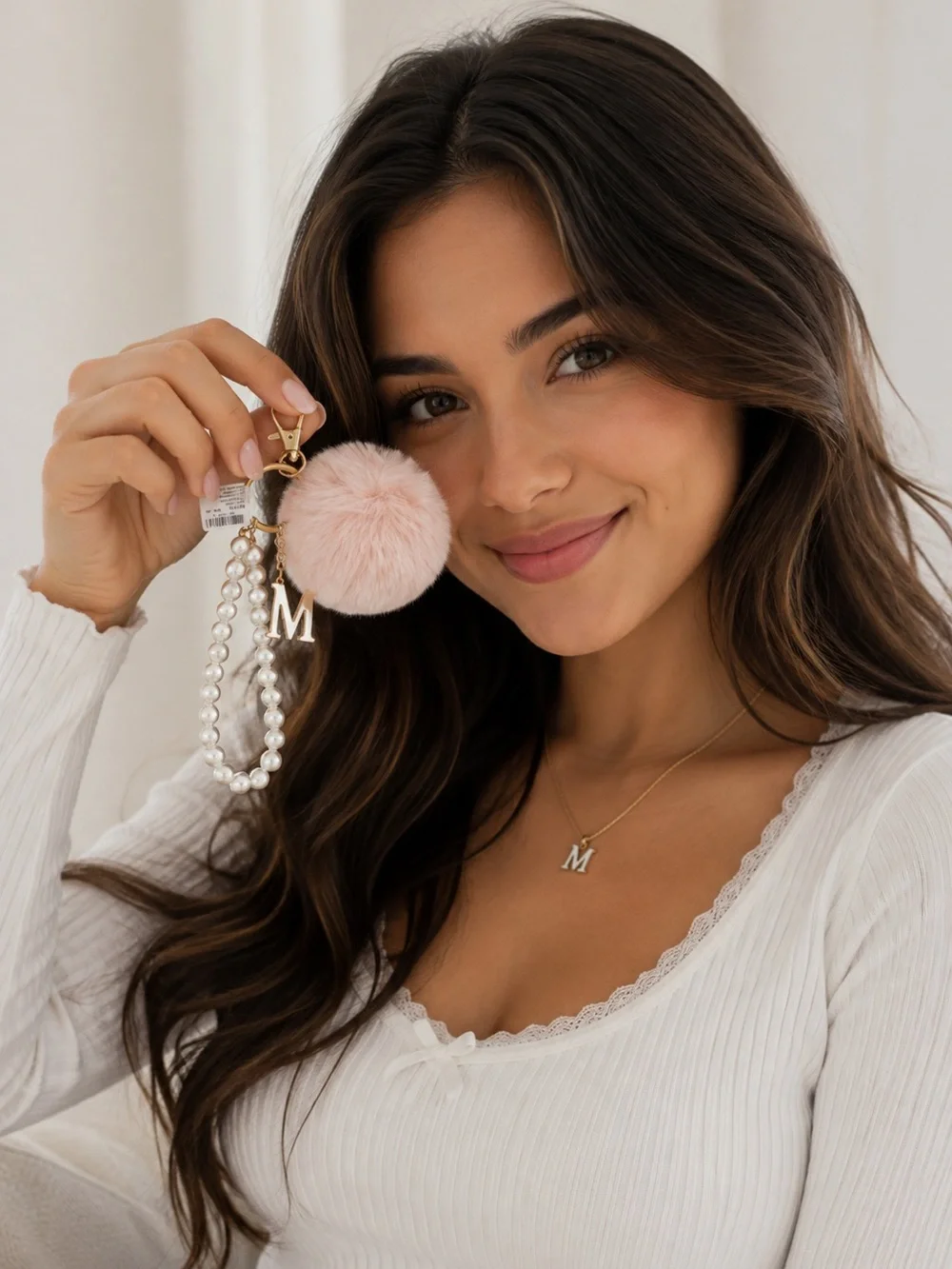 Gold Initial 'M' Pearl & Pink Pom Keychain Charm • BRAND NEW